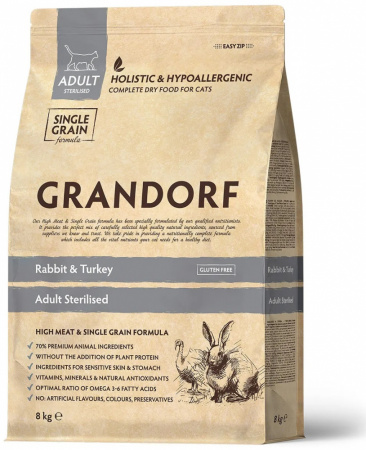 Сухой корм GRANDORF CAT для взрослых стерилизованных кошек, с чувствительным пищеварением или склонных к аллергии, кролик с индейкой, 8 кг