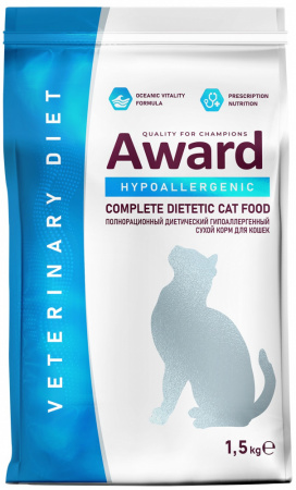 Сухой корм AWARD Veterinary Diet Hypoallergenic для взрослых кошек, при аллергии или пищевой непереносимости, 1,5 кг