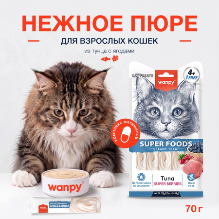 Лакомство Wanpy Cat для взрослых кошек, нежное пюре из тунца с ягодами, 70г