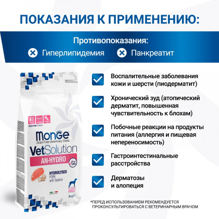 Сухой корм Monge VetSolution Dog An-Hydro для взрослых собак, при пищевой непереносимости, 2 кг