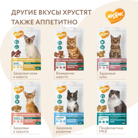 Лакомство Мнямс для взрослых кошек, хрустящие подушечки "Здоровье и активность", с курицей, 60г