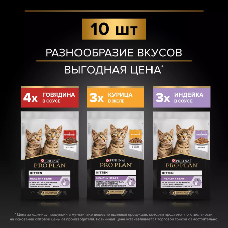 Влажный корм Purina PRO PLAN для котят, с говядиной в соусе, с индейкой в соусе, с курицей в желе, 10х85г