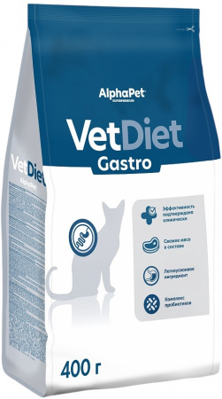 Сухой корм AlphaPet VetDiet Gastro для взрослых кошек при острых расстройствах пищеварения, в реабилитационный период и при истощении, с курицей, 400г