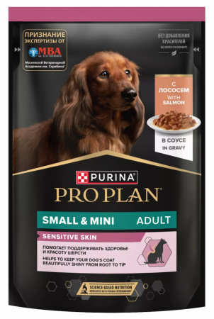 Влажный корм Purina PRO PLAN для взрослых собак мелких и карликовых пород, с чувствительной кожей, с лососем, 85г
