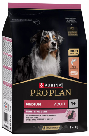 Сухой корм Purina PRO PLAN Sensitive Skin для взрослых собак средних пород, с чувствительной кожей, с лососем, 3 кг