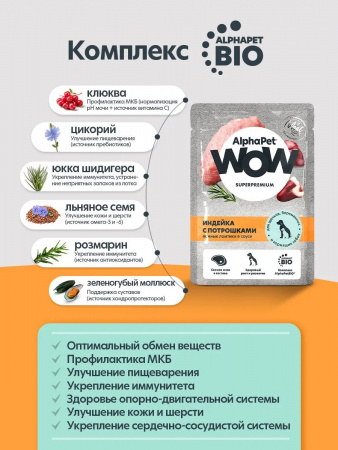 Влажный корм AlphaPet WOW Superpremium для щенков, беременных и кормящих собак, ломтики индейки с потрошками в соусе, 85г