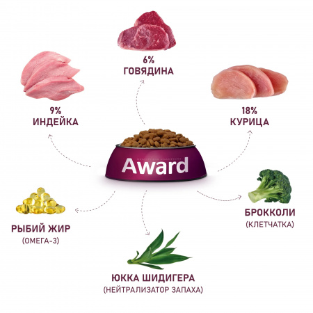 Сухой корм AWARD Indoor Big cats для взрослых кошек крупных пород, с говядиной и курицей, с добавлением брокколи и юкки Шидигера, 10 кг
