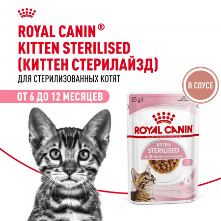 Влажный корм ROYAL CANIN Kitten Sterilised для кастрированных и стерилизованных котят в возрасте от 6 до 12 месяцев, кусочки в соусе, 85г