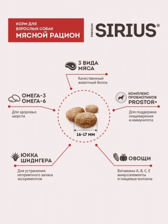 Сухой корм SIRIUS для взрослых собак, мясной рацион, 15 кг