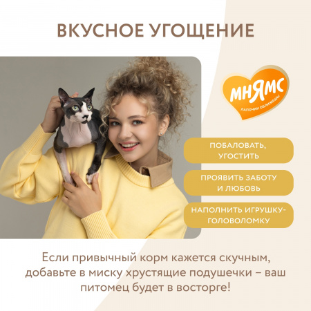 Лакомство Мнямс для взрослых кошек, хрустящие подушечки "Здоровая кожа и шерсть", с птицей, 60г