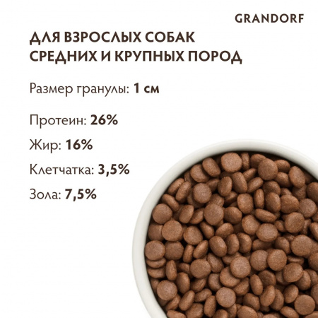 Сухой корм GRANDORF DOG для взрослых собак средних и крупных пород, с чувствительным пищеварением или склонных к аллергии, утка с индейкой, 10 кг