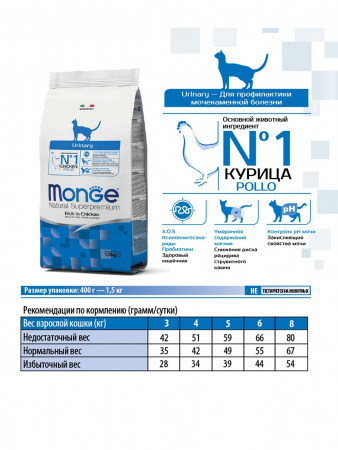 Сухой корм Monge Cat Daily Line Urinary для взрослых кошек, профилактика мочекаменной болезни, с курицей, 400г
