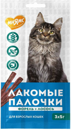 Лакомство Мнямс для кошек, лакомые палочки с форелью и лососем, 3х5г