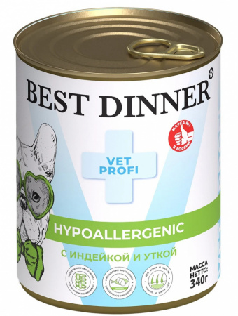Влажный корм Best Dinner Exclusive Vet Profi Hypoallergenic для взрослых собак и щенков, профилактика пищевой аллергии, с индейкой и уткой, 340г