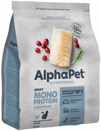 Сухой корм AlphaPet Superpremium Monoprotein для взрослых кошек, из белой рыбы, 400г
