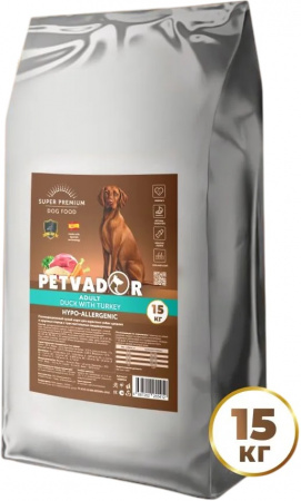 Сухой корм PETVADOR для взрослых собак средних и крупных пород, с чувствительным пищеварением, с уткой, 15 кг