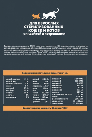 Сухой корм AlphaPet WOW Superpremium для стерилизованных кошек, с индейкой и потрошками, 350г