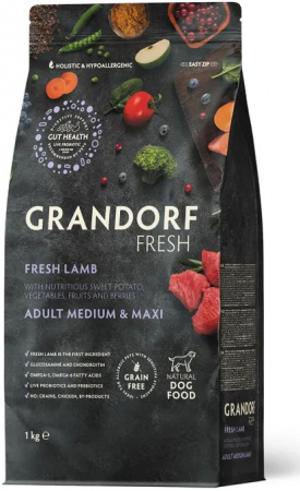 Сухой корм GRANDORF Fresh DOG, беззерновой, для взрослых собак средних и крупных пород, с чувствительным пищеварением или склонных к аллергии, ягненок и батат, 1 кг
