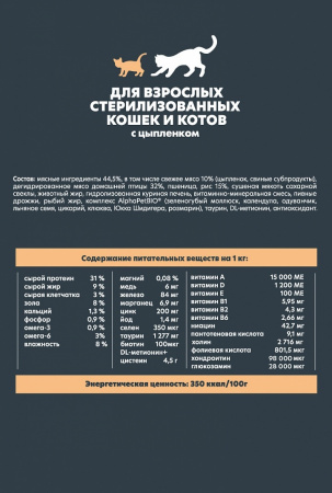 Сухой корм AlphaPet WOW Superpremium для взрослых стерилизованных кошек, с цыпленком, 350г