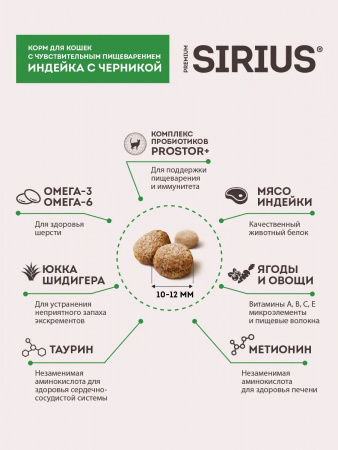 Сухой корм SIRIUS для взрослых кошек, с чувствительным пищеварением, с индейкой и черникой, 10 кг