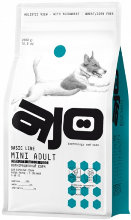Сухой корм AJO Dog BASIC LINE MINI ADULT для взрослых собак малых пород, курица свинина гречка