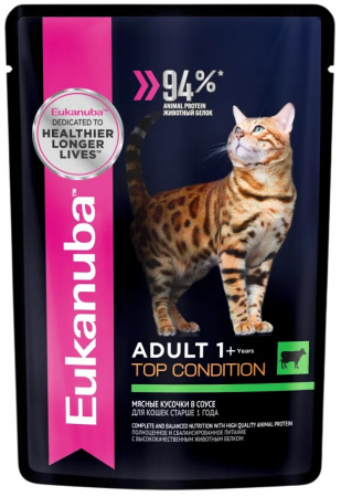 Влажный корм EUKANUBA Top Condition для взрослых кошек, для поддержания оптимальной формы, с говядиной в соусе, 85г