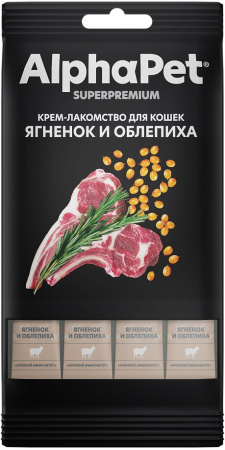 Лакомство-крем AlphaPet Superpremium для взрослых кошек, с ягненком и облепихой, 48г