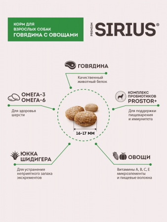 Сухой корм SIRIUS для взрослых собак, с говядиной и овощами, 15 кг