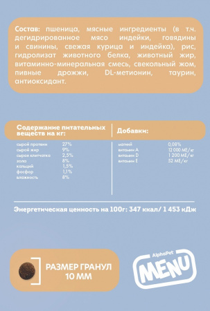 Сухой корм AlphaPet MENU для взрослых стерилизованных кошек, с домашней птицей, 350г