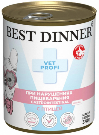 Влажный корм Best Dinner Vet Profi Gastrointestinal Low Fat для взрослых собак, при нарушениях пищеварения, с птицей, 340г