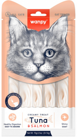Лакомство Wanpy Cat для кошек, Нежное пюре из тунца и лосося, 70г