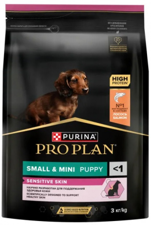 Сухой корм Purina PRO PLAN Sensitive Skin для щенков мелких и карликовых пород, с чувствительной кожей, с лососем, 3 кг