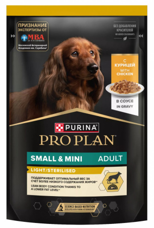 Влажный корм Purina PRO PLAN для взрослых собак мелких и карликовых пород, склонных к набору веса, с курицей в соусе, 85г