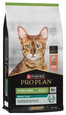 Сухой корм Purina PRO PLAN Sterilised Renal Plus для взрослых стерилизованных кошек, для поддержания здоровья почек, с лососем, 10 кг