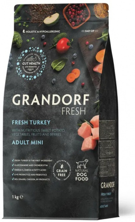 Сухой корм GRANDORF Fresh DOG, беззерновой, для взрослых особо аллергичных собак мелких пород, с чувствительным пищеварением, свежее мясо индейки с бататом, 1 кг