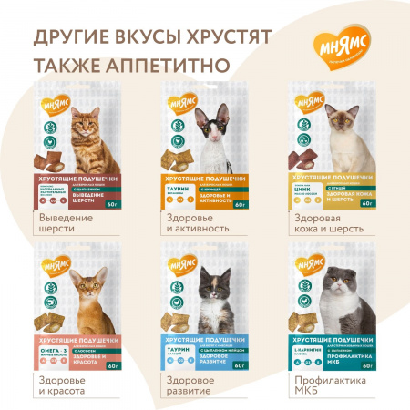 Лакомство Мнямс для взрослых кошек, хрустящие подушечки "Здоровые зубы", с цыпленком, 60г