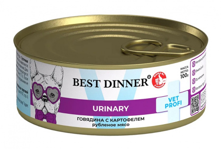 Влажный корм Best Dinner Exclusive Vet Profi Urinary для взрослых собак, профилактика мочекаменной болезни, говядина с картофелем, 100г