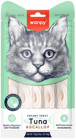 Лакомство Wanpy Cat для взрослых кошек, Нежное пюре из тунца и гребешка, 25х14г