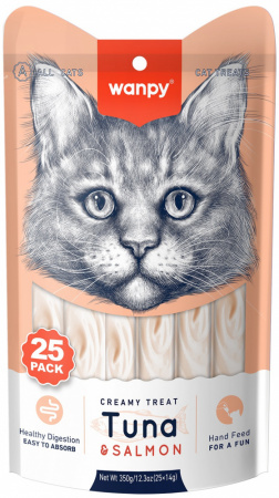 Лакомство Wanpy Cat для взрослых кошек, Нежное пюре из тунца и лосося, 25х14г