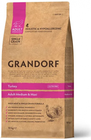 Сухой корм GRANDORF DOG для взрослых собак средних и крупных пород, с чувствительным пищеварением или склонных к аллергии, индейка, 10 кг