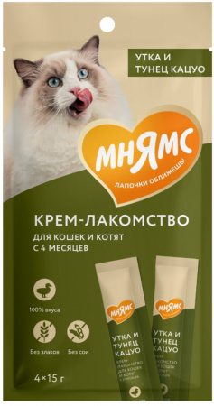 Лакомство-крем Мнямс для кошек, с уткой и тунцом Кацуо, 4х15г