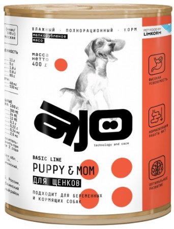 Влажный корм AJO Dog Puppy&Mom для щенков, беременных и кормящих собак, с курицей, 400г