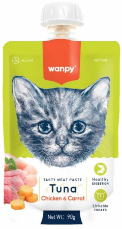 Лакомство Wanpy Cat для кошек, Мясной мусс из тунца и курицы с морковью, 90г