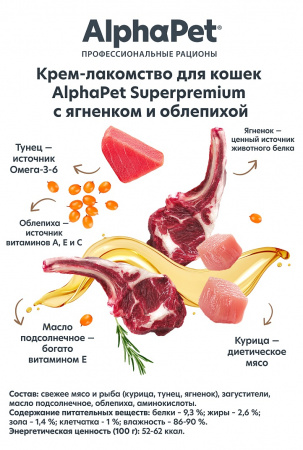 Лакомство-крем AlphaPet Superpremium для взрослых кошек, с ягненком и облепихой, 48г