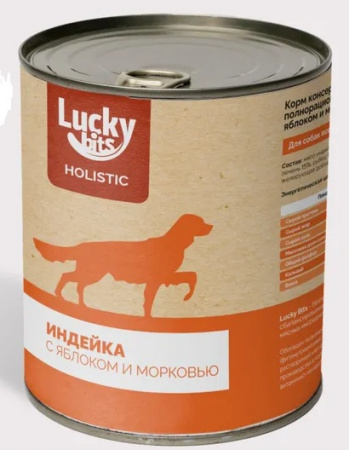 Влажный корм консервированный ж/б Lucky bits для собак, Индейка с яблоком и морковью, 970г