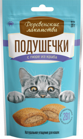 Лакомство «Деревенские лакомства» для кошек, подушечки с пюре из краба, 30г