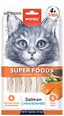 Лакомство Wanpy Cat для взрослых кошек, нежное пюре из лосося с семенами чиа и водорослями, 70г