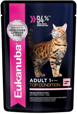 Влажный корм EUKANUBA Top Condition для взрослых кошек, для поддержания оптимальной формы, с лососем в соусе, 85г