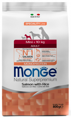 Сухой корм Monge Dog Speciality Line Monoprotein Mini для взрослых собак мелких пород, с лососем и рисом, 800 г