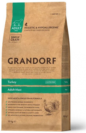 Сухой корм GRANDORF DOG для взрослых собак крупных пород с чувствительным пищеварением или склонных к аллергии, индейка, 10 кг